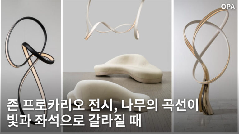 곡선형 목재 조명과 흰색 소파를 나란히 보여 주는 존 프로카리오 전시 이미지