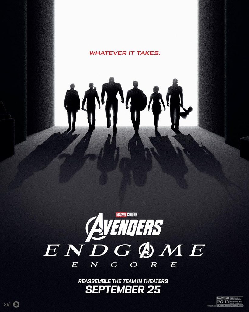 어벤져스 멤버들이 밝은 빛을 향해 걸어가는 Avengers Endgame Encore 재개봉 포스터