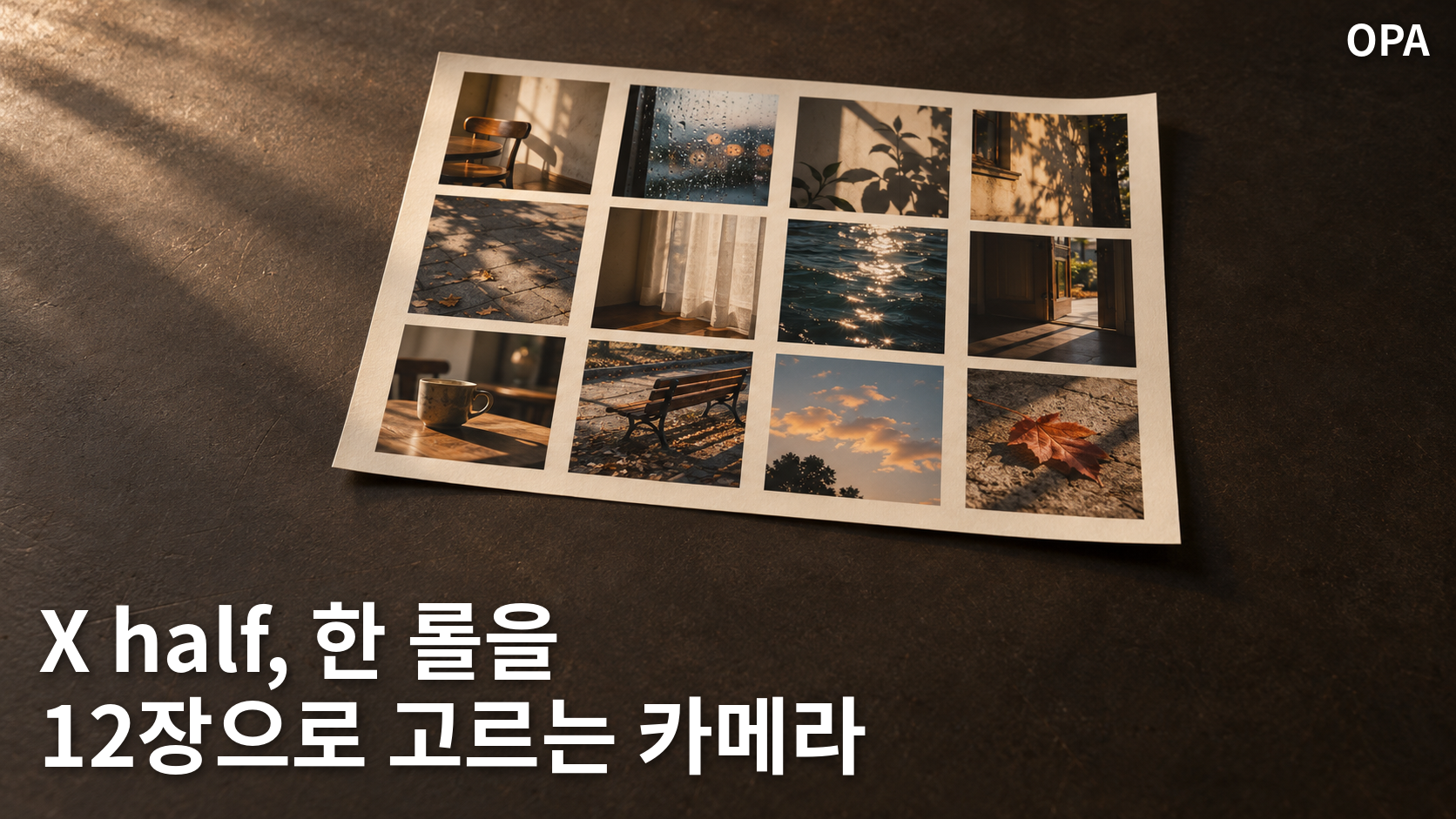 어두운 탁자 위에 사진 열두 장을 배열한 콘택트 시트 개념 이미지. 실제 X half 촬영 결과나 앱 화면이 아니다.