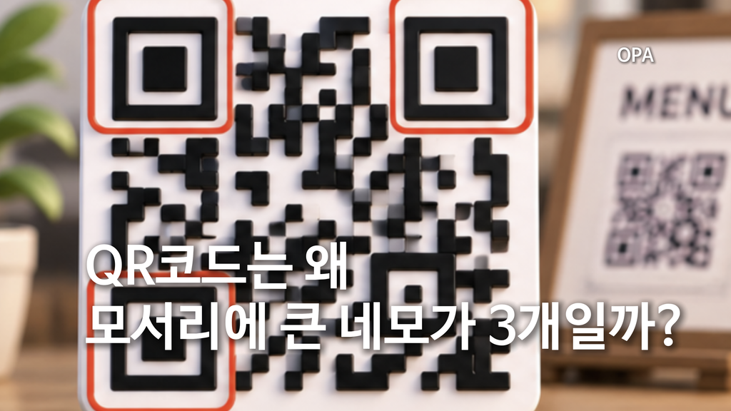 QR코드 모서리에 있는 세 개의 위치 찾기 패턴을 설명하는 OPA 기사 이미지